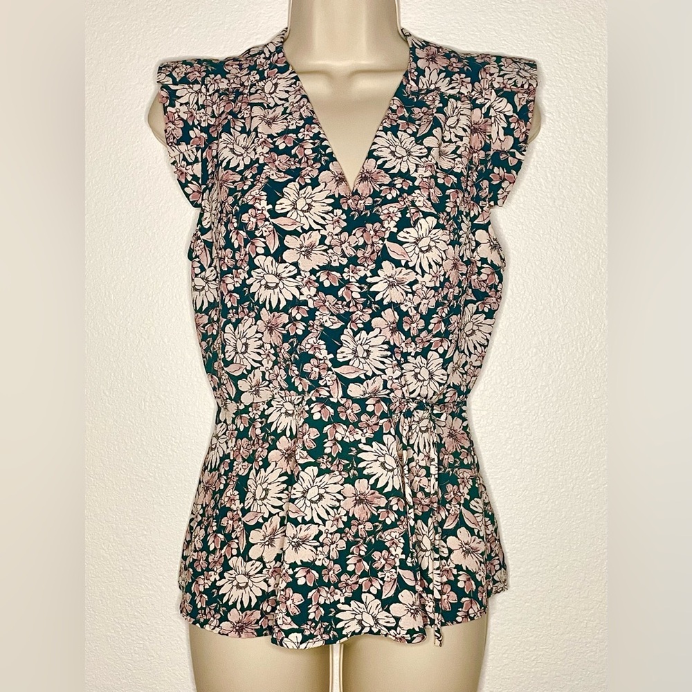 Monteau Floral V-Neck Faux Wrap Ties Peplum Blouse Flutter Sleeve in Pink Green